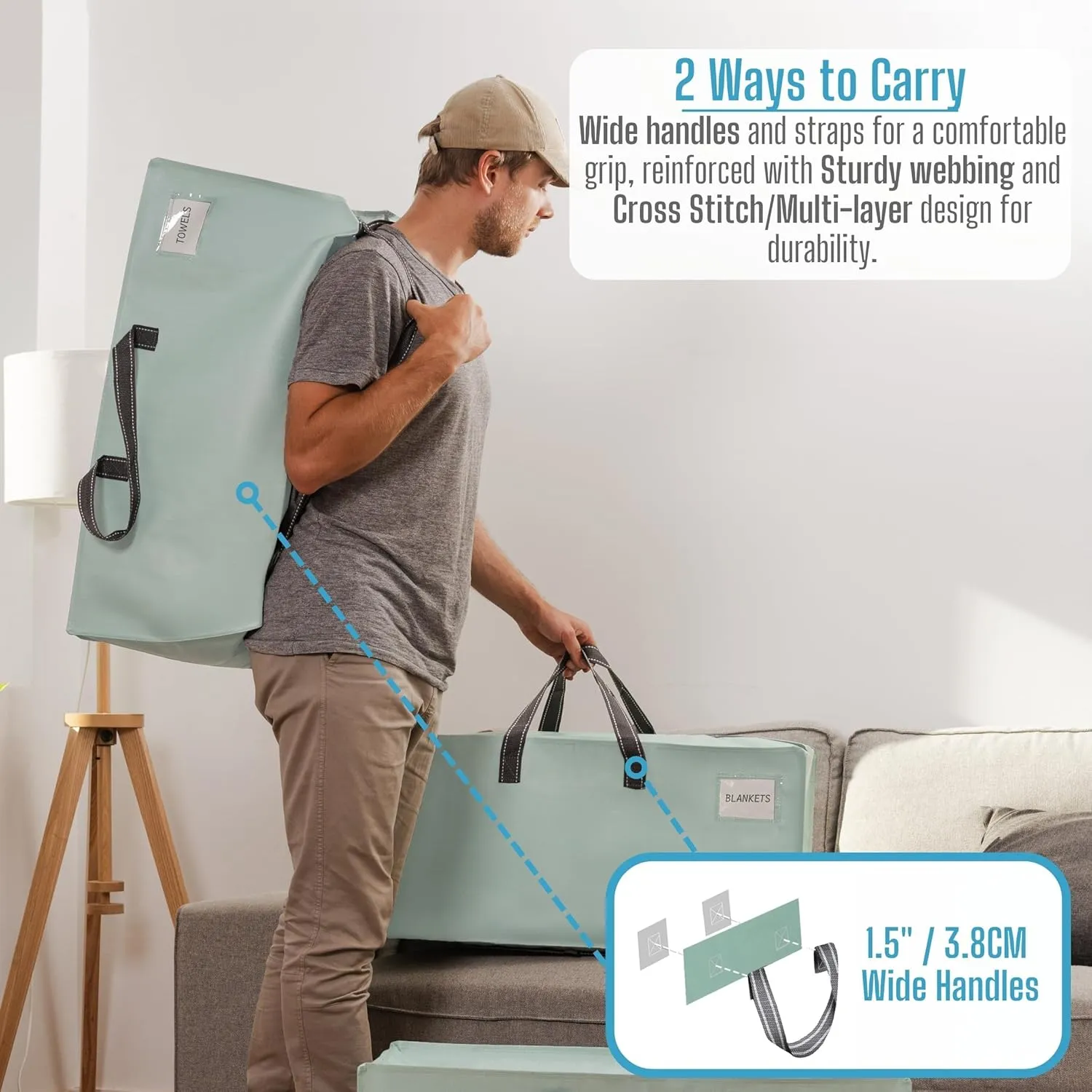 VENO 4 Pack Moving Bags w/Backpack Straps, Heavy Duty, Moving Boxes Alternative, Packing Supplies, Large Storage Totes for Dorm Room Essentials with Zipper for Clothes (Light Green Matte, 4 Pack)