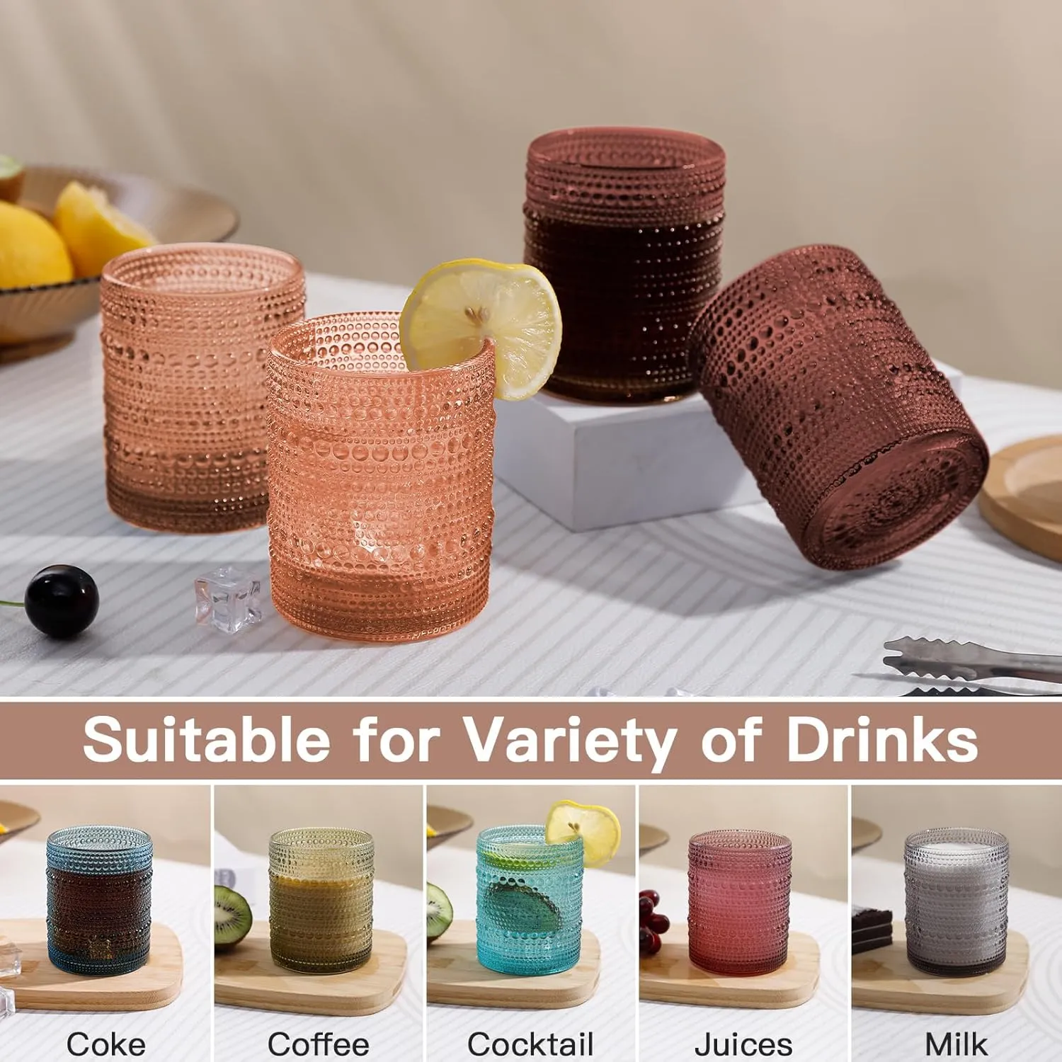 Venus Vintage Hobnail Drinking Glasses Set of 6, Embossed Water Tumbler 12oz, Kitchen & Bar Beaded Glass Cups, Beverage Glass Cups for Water, Beer, Juice, Cocktail Glassware, Venus