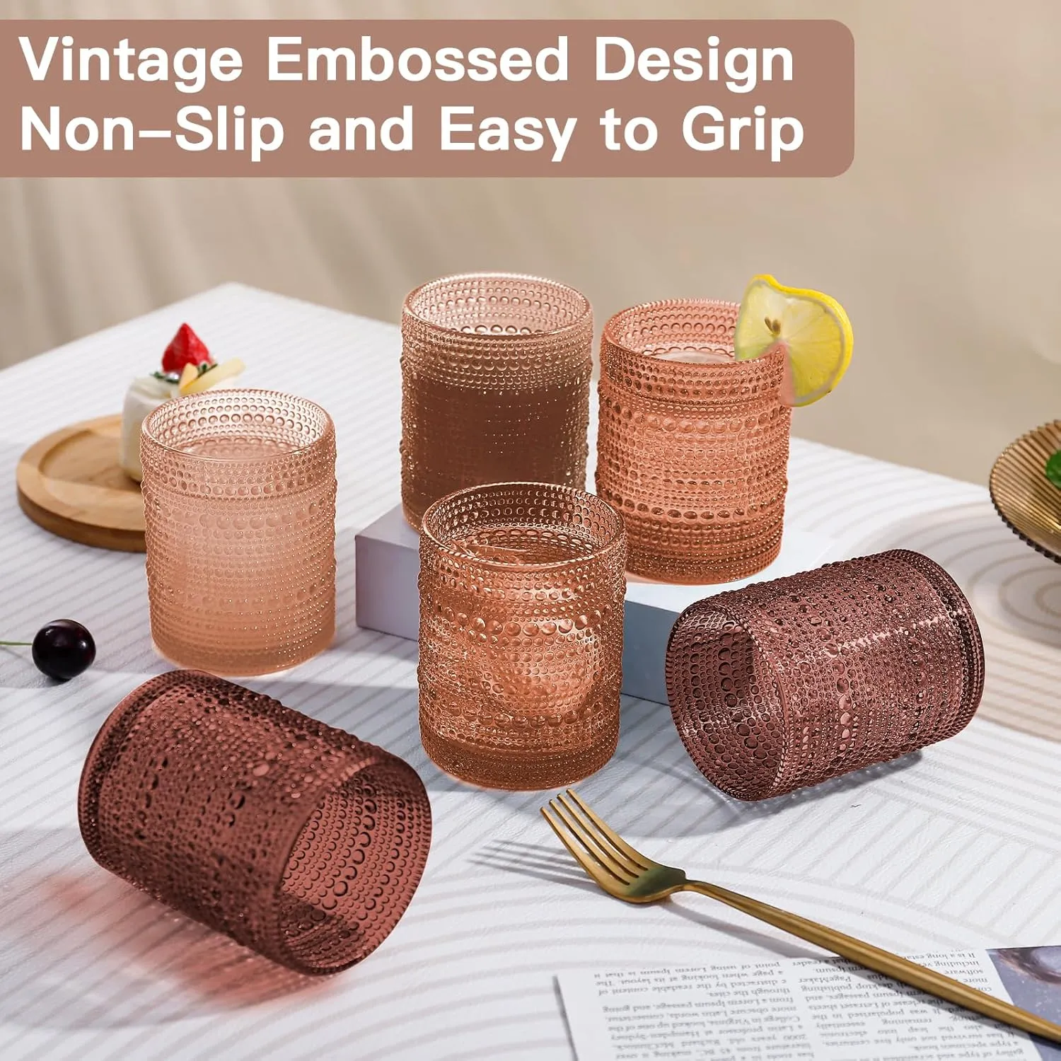 Venus Vintage Hobnail Drinking Glasses Set of 6, Embossed Water Tumbler 12oz, Kitchen & Bar Beaded Glass Cups, Beverage Glass Cups for Water, Beer, Juice, Cocktail Glassware, Venus