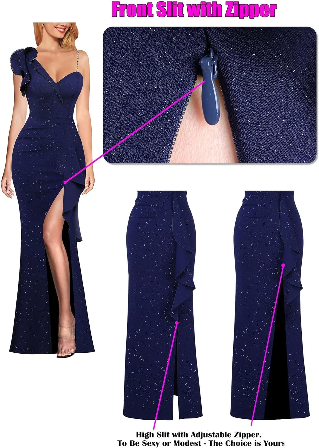 VFSHOW Womens Formal Prom Elegant Ruffle One Shoulder Beaded Strap Ruched Slit Maxi Dress Wedding Evening Long Gown