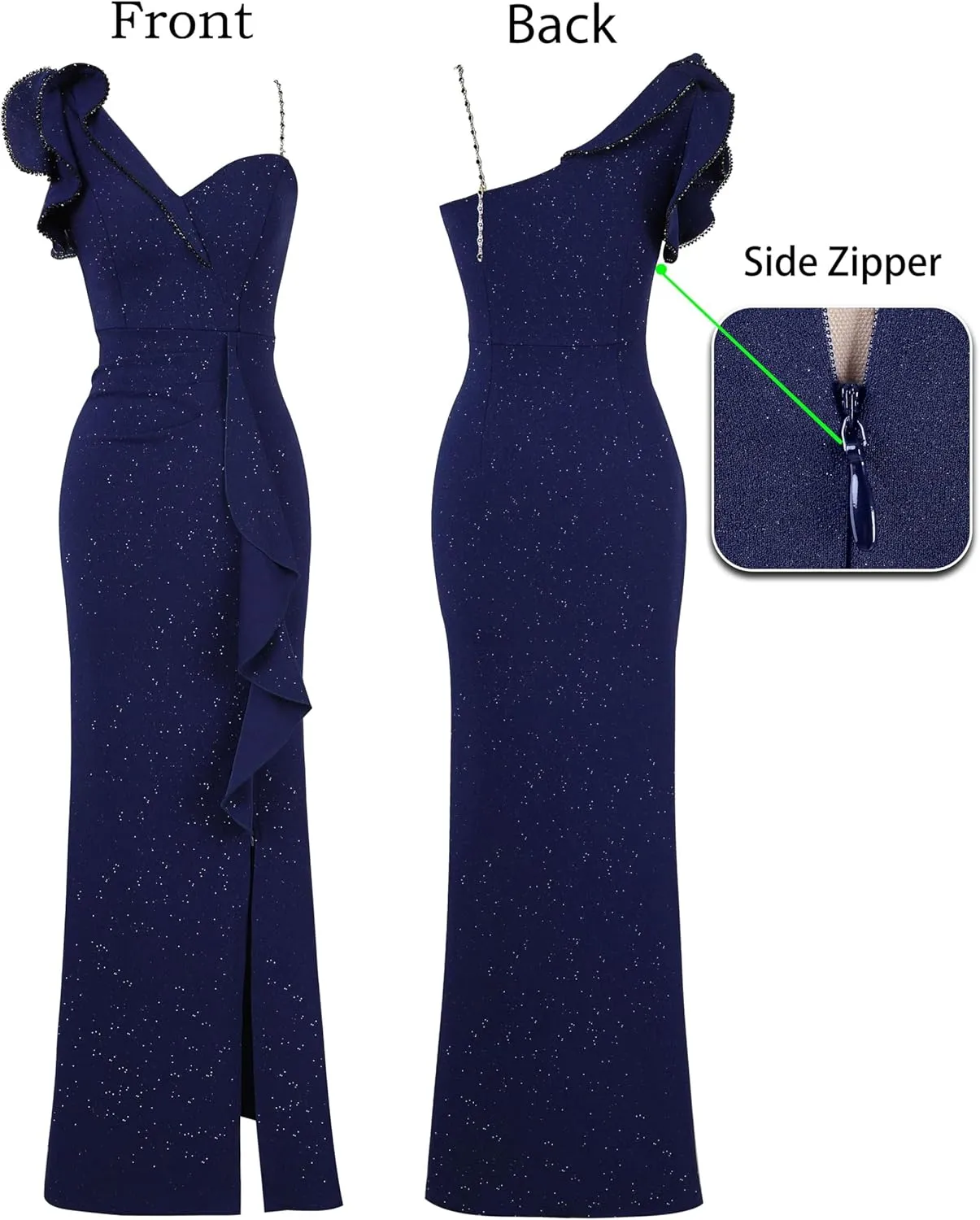 VFSHOW Womens Formal Prom Elegant Ruffle One Shoulder Beaded Strap Ruched Slit Maxi Dress Wedding Evening Long Gown