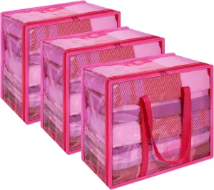 Vieshful Pink 40L Clear Clothes Storage Bag with Zipper 3 Pack Colorful Clothes Organizer Vinyl Storage Bag for Comforter, Blanket, Bedding, Duvet, Transparent Moving Totes