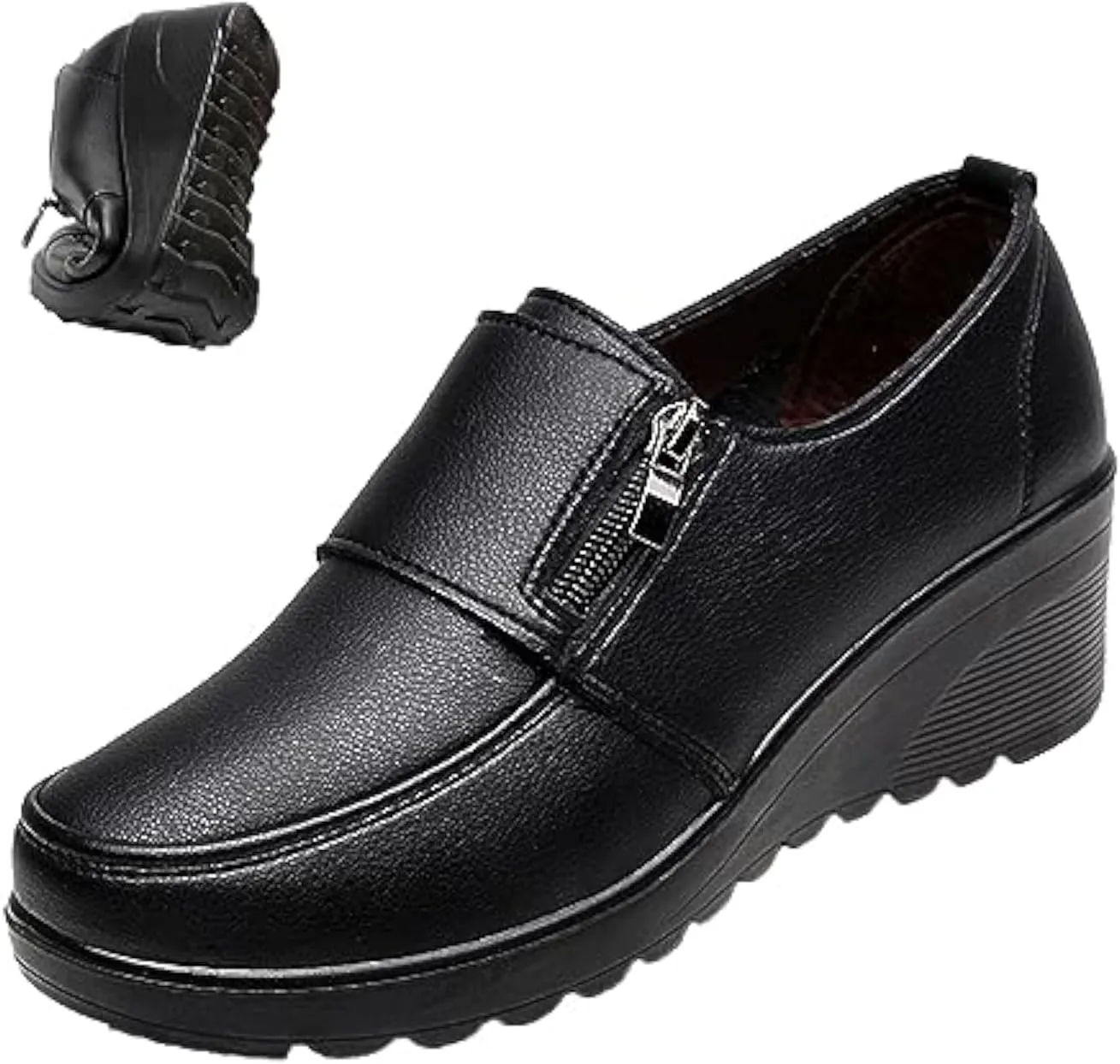 VIFOCUS Women's Round Toe Low Wedge Dress Pumps,Lightweight Comfy Zip Non-Slip Softsole Orthopedic Wedding Party Leather Shoes