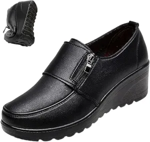VIFOCUS Women's Round Toe Low Wedge Dress Pumps,Lightweight Comfy Zip Non-Slip Softsole Orthopedic Wedding Party Leather Shoes