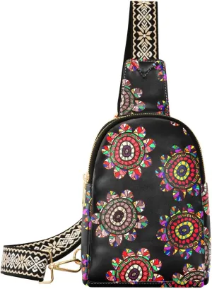 VIGTRO Small Sling Bag Embroidery Ethnic Flowers Fanny Pack for Women Men, Vintage Colorful Floral Leather Chest Bag with Adjustable Strap