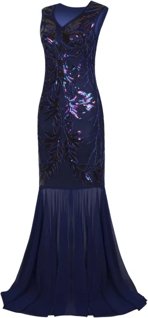 Vijiv 1920s Long Prom Dresses V Neck Beaded Sequin Gatsby Maxi Evening Dress
