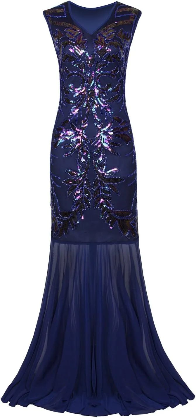 Vijiv 1920s Long Prom Dresses V Neck Beaded Sequin Gatsby Maxi Evening Dress