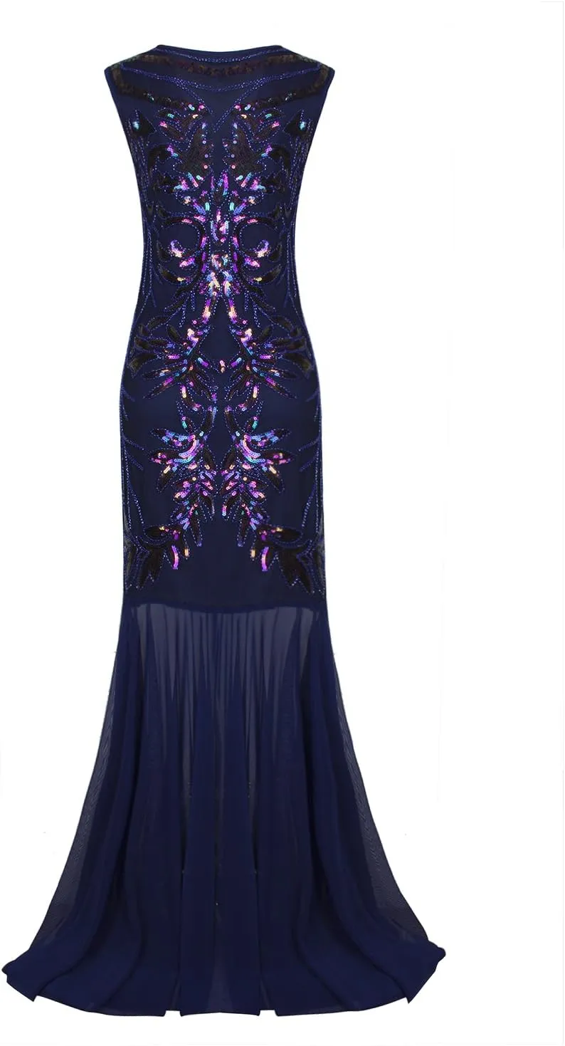 Vijiv 1920s Long Prom Dresses V Neck Beaded Sequin Gatsby Maxi Evening Dress