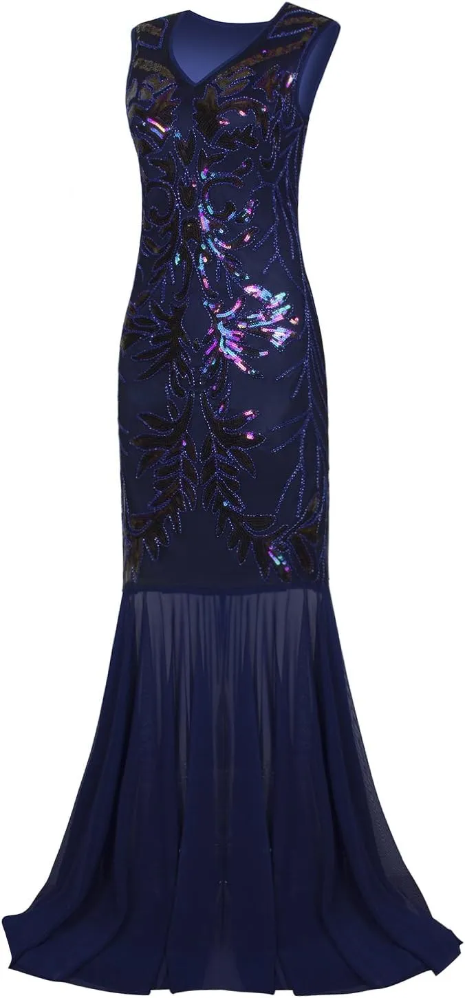 Vijiv 1920s Long Prom Dresses V Neck Beaded Sequin Gatsby Maxi Evening Dress