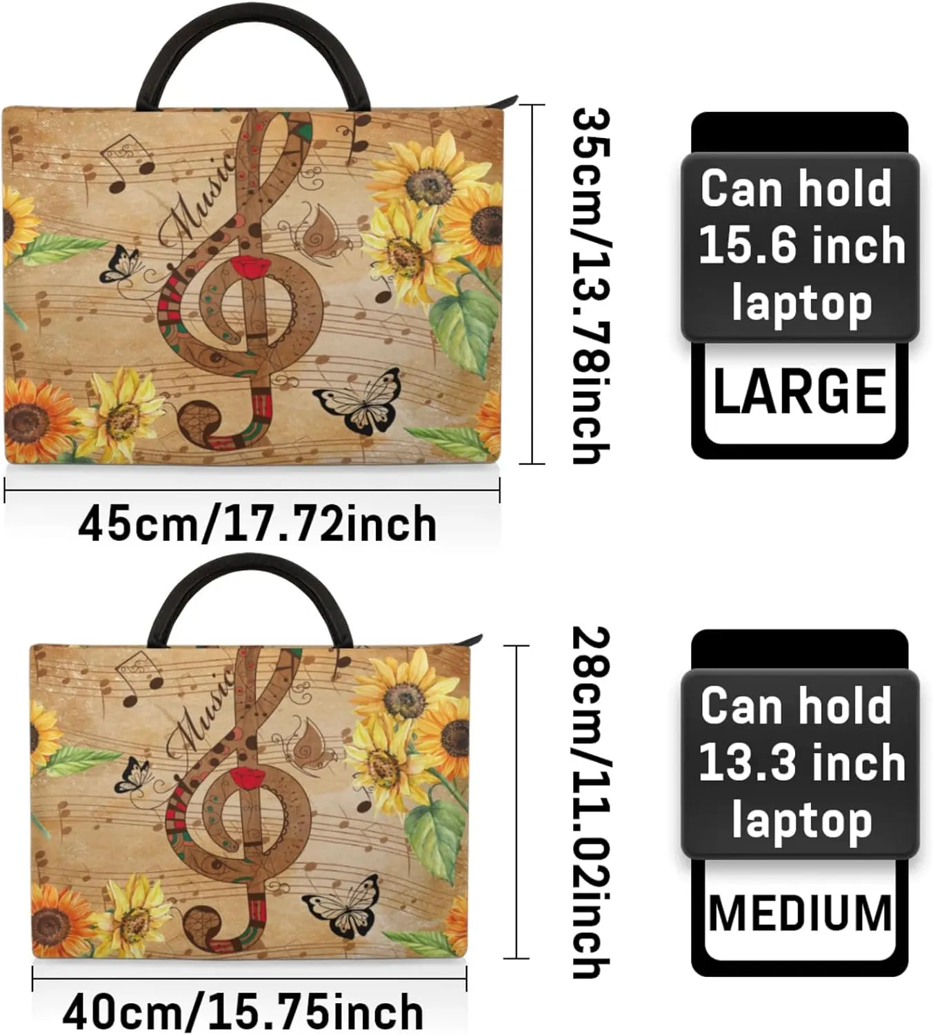 Vintage Patterns Ribbons Sunflowers Laptop Sleeve with Handle Waterproof Computer Carrying Case