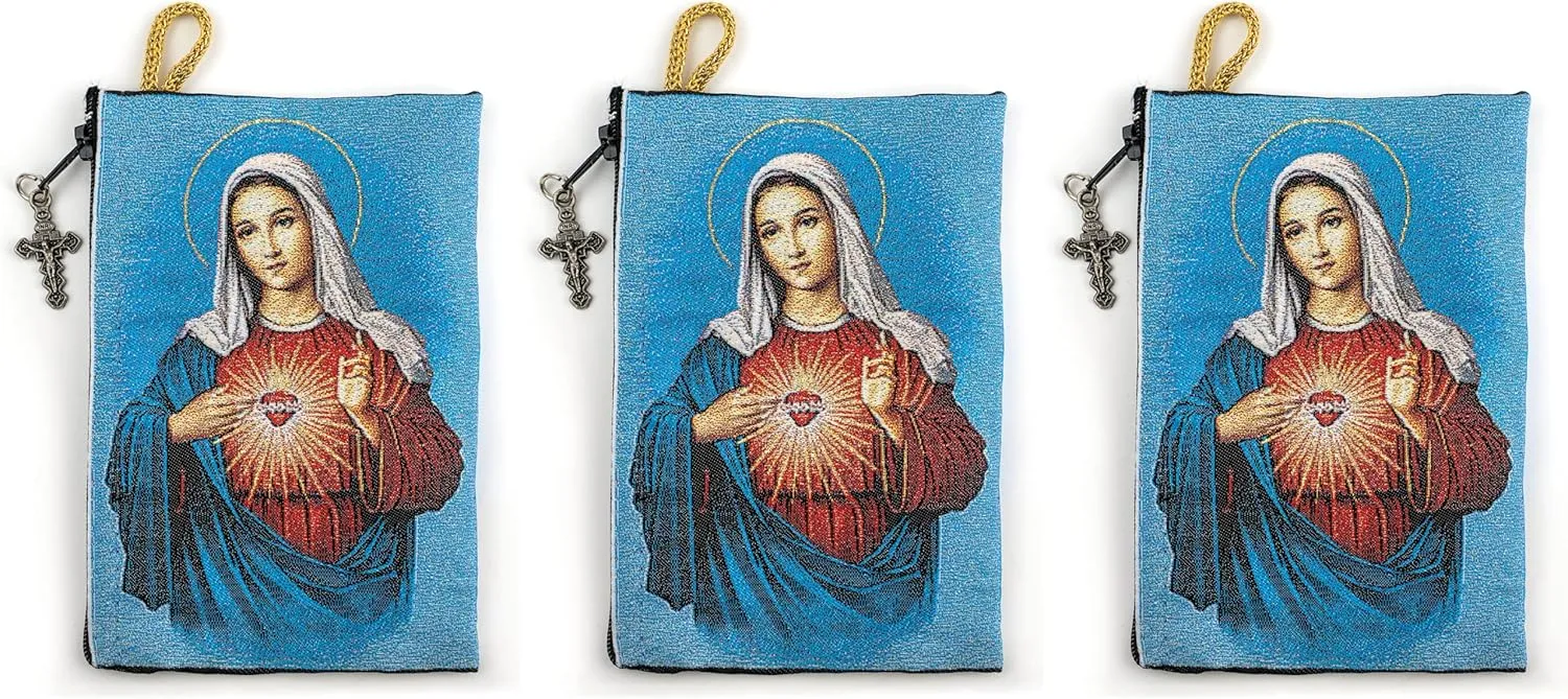 Virgin Mary Immaculate Heart & Miraculous Medal Symbol, Bulk Catholic Icon Coin Purses, Fabric Zipper Pouch, Women's Travel Wallet for Phone & Change, Clutch Purse for Rosaries & Religious Trinkets