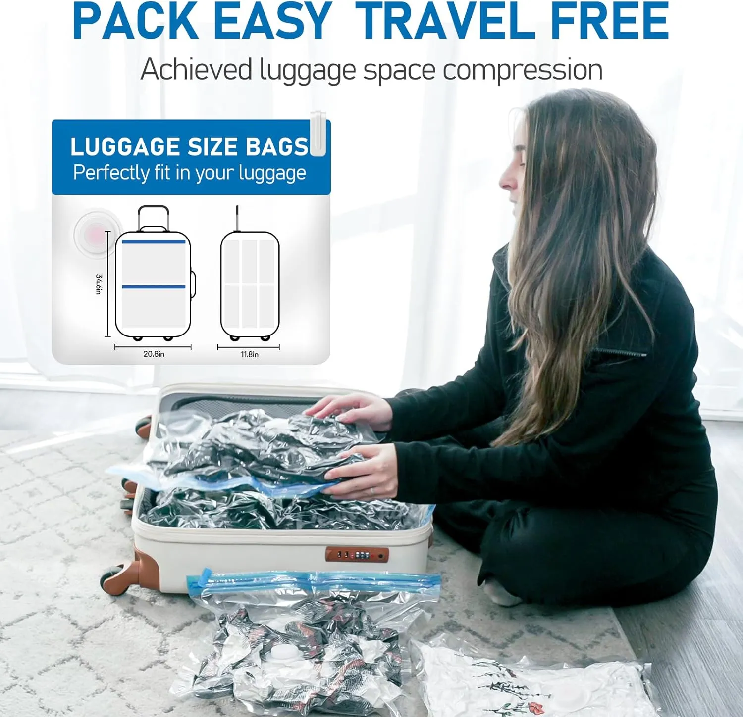 VMstr 6 Pack Vacuum Storage Bags for Travel, Compression Packing with USB Powered Electric Pump, Vacuum Seal Bags for Clothes and Clothing, Luggage Organized