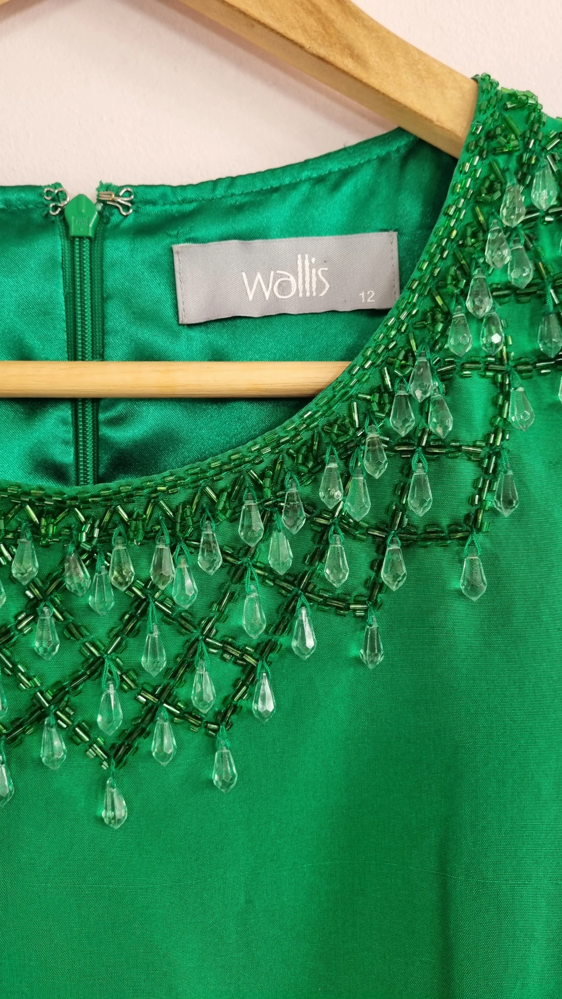 Wallis 100% Silk Emerald Green Beaded Embellished Dress 12