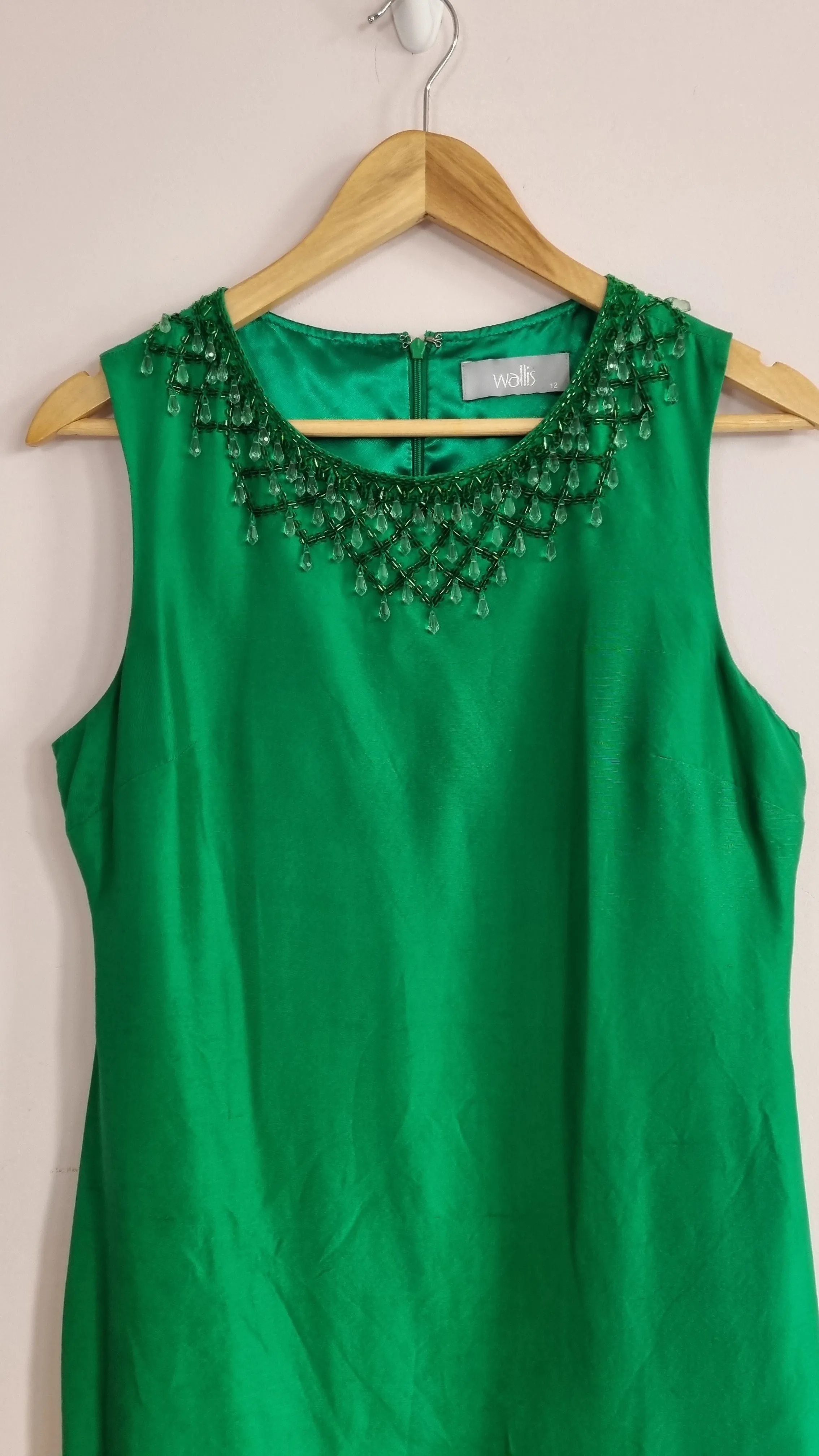 Wallis 100% Silk Emerald Green Beaded Embellished Dress 12