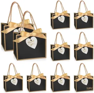 WCHOSOZH 50 Pcs Small Thank You Gift Bags with Handles, 5.5x 2.4x 4.7 Inches Small Gift Bags with Ribbon, Party Favor Bag Mini Paper Bag Bulk for Wedding, Party, Birthday, Valentine's Day (Black with Gold Ribbon)