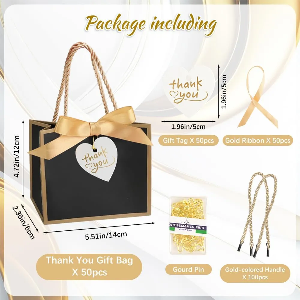 WCHOSOZH 50 Pcs Small Thank You Gift Bags with Handles, 5.5x 2.4x 4.7 Inches Small Gift Bags with Ribbon, Party Favor Bag Mini Paper Bag Bulk for Wedding, Party, Birthday, Valentine's Day (Black with Gold Ribbon)