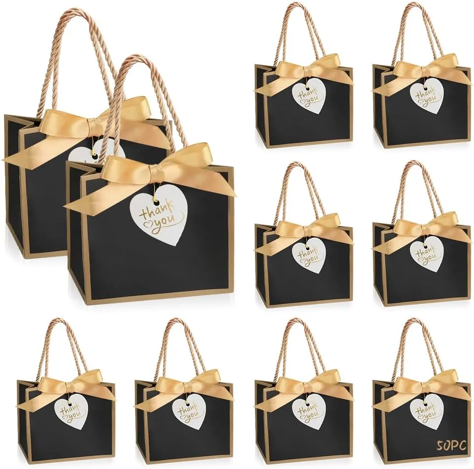 WCHOSOZH 50 Pcs Small Thank You Gift Bags with Handles, 5.5x 2.4x 4.7 Inches Small Gift Bags with Ribbon, Party Favor Bag Mini Paper Bag Bulk for Wedding, Party, Birthday, Valentine's Day (Black with Gold Ribbon)
