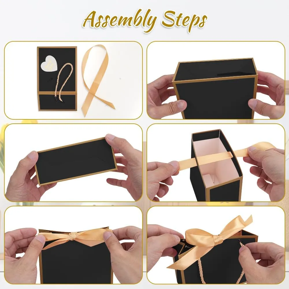 WCHOSOZH 50 Pcs Small Thank You Gift Bags with Handles, 5.5x 2.4x 4.7 Inches Small Gift Bags with Ribbon, Party Favor Bag Mini Paper Bag Bulk for Wedding, Party, Birthday, Valentine's Day (Black with Gold Ribbon)
