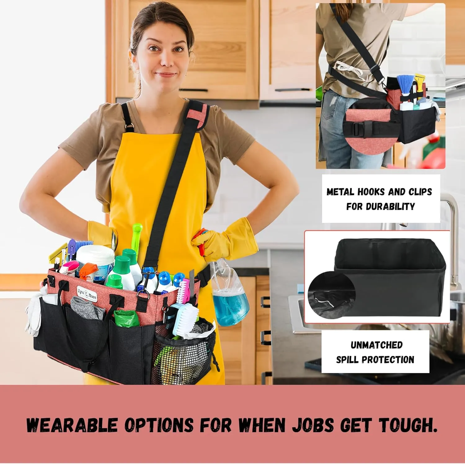 Wearable Cleaning Caddy Bag with Spill Protection Liner, A Large Organizer Tote for Cleaning Supplies with Strap and Handles, for Cleaning Professionals, Auto Detailers, Housekeepers