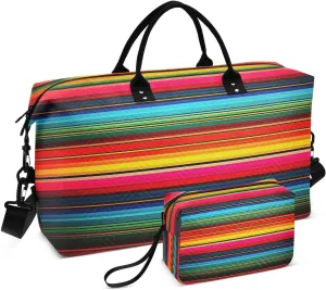 Weekender Bags for Women,Foldable Mexican Stripes Travel Duffel Bag with Trolley Sleeve Travel Tote Gym Bag with Toiletry Bag