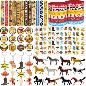 Western Cowboy Party Favors for Kids, 72Pcs Rodeo Party Favors with Miniature Horse Toys Slap Bracelets Keychains Tattoos, Wild West Birthday Decorations Goodie Bag Fillers
