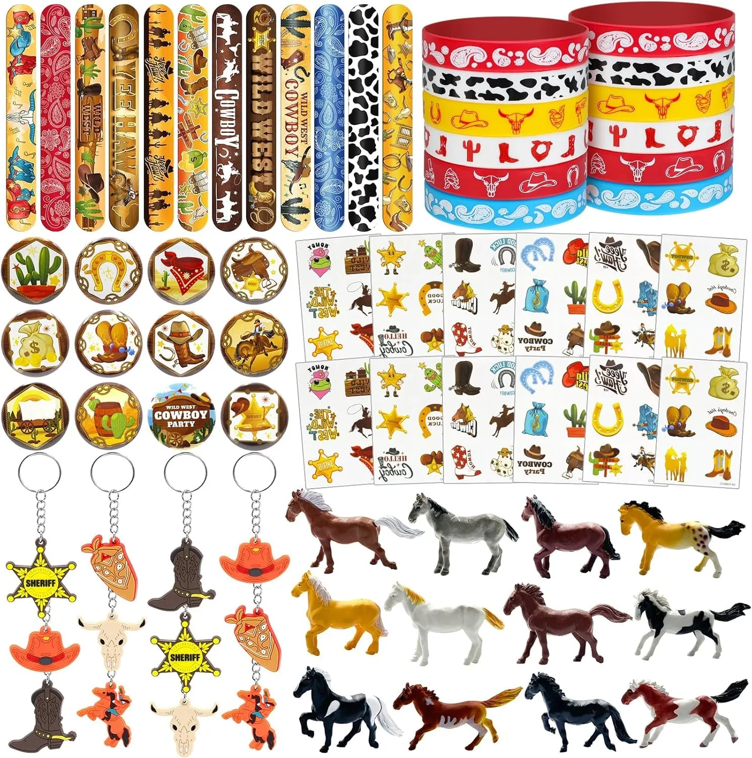 Western Cowboy Party Favors for Kids, 72Pcs Rodeo Party Favors with Miniature Horse Toys Slap Bracelets Keychains Tattoos, Wild West Birthday Decorations Goodie Bag Fillers