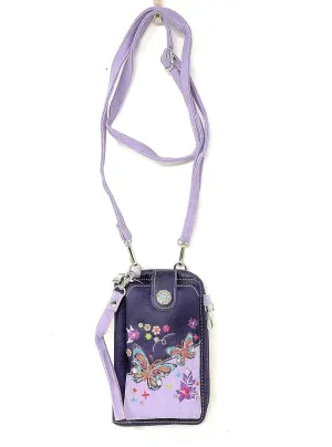 Western Style Small Embroidery Butterfly Crossbody Cell Phone Purses Handbags with Coin Pocket in 2 colors