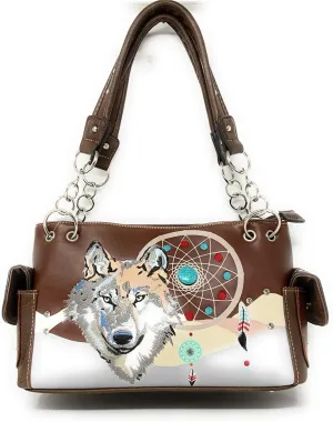 Western Wolf Dream Catcher Embroidery Feather Conceal Carry Women Handbag Purse in 5 colors