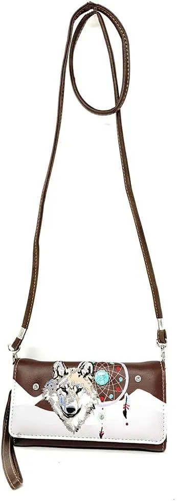 Western Wolf Dream Catcher Embroidery Feather Conceal Carry Women Handbag Purse in 5 colors