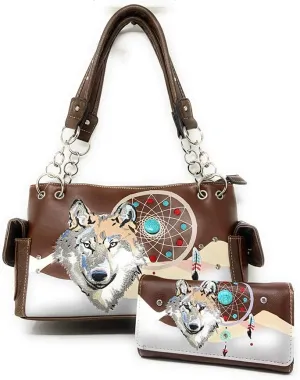 Western Wolf Dream Catcher Embroidery Feather Conceal Carry Women Handbag Purse in 5 colors