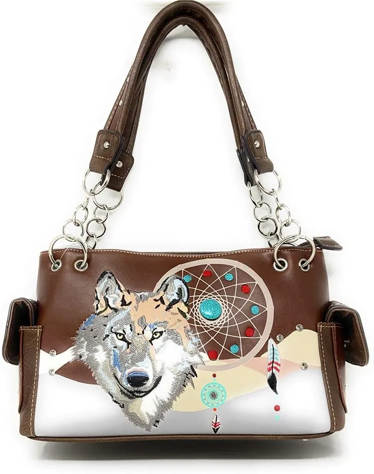 Western Wolf Dream Catcher Embroidery Feather Conceal Carry Women Handbag Purse in 5 colors