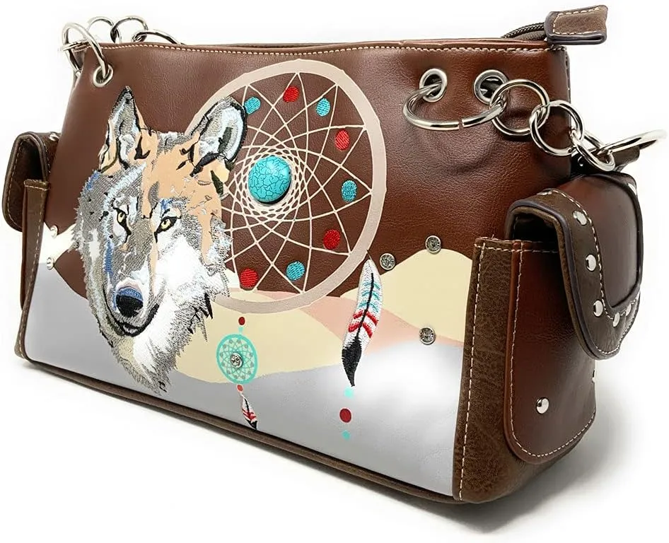 Western Wolf Dream Catcher Embroidery Feather Conceal Carry Women Handbag Purse in 5 colors