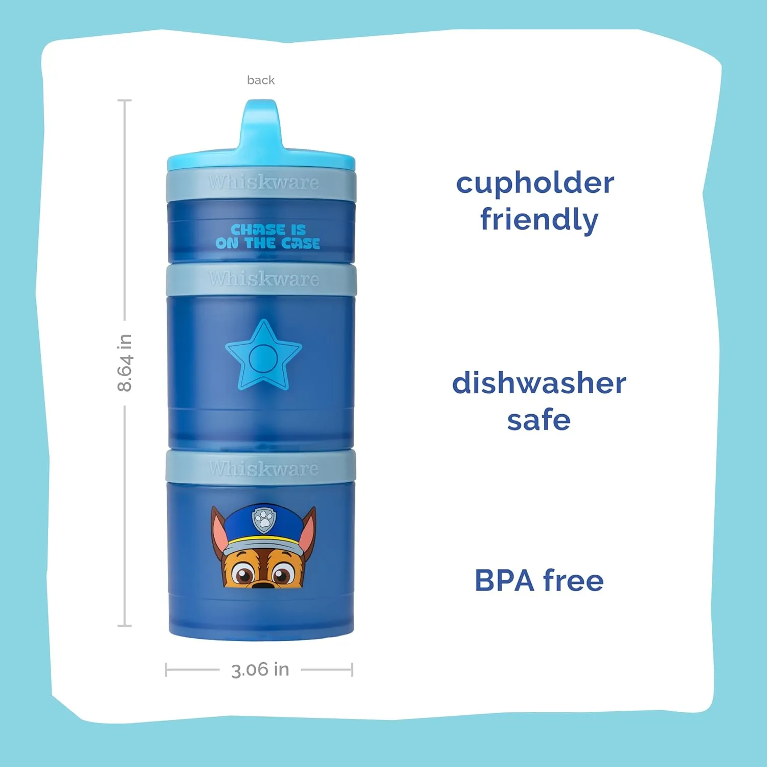 Whiskware Paw Patrol Stackable Snack Containers for Infants, Kids, and Toddlers, Durable Food Storage Containers for Daycare, Car, and Airplane Travel, Dishwasher Safe, Chase