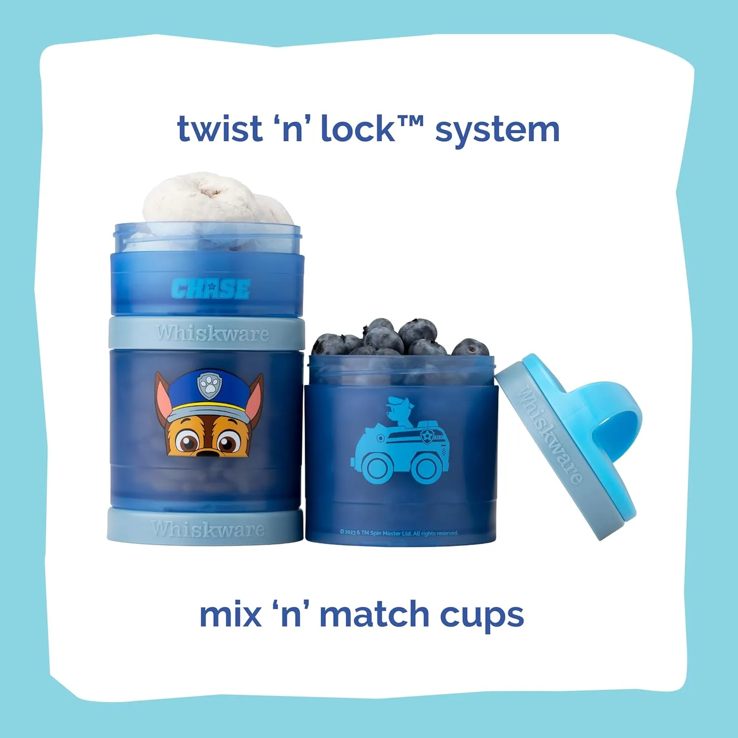 Whiskware Paw Patrol Stackable Snack Containers for Infants, Kids, and Toddlers, Durable Food Storage Containers for Daycare, Car, and Airplane Travel, Dishwasher Safe, Chase