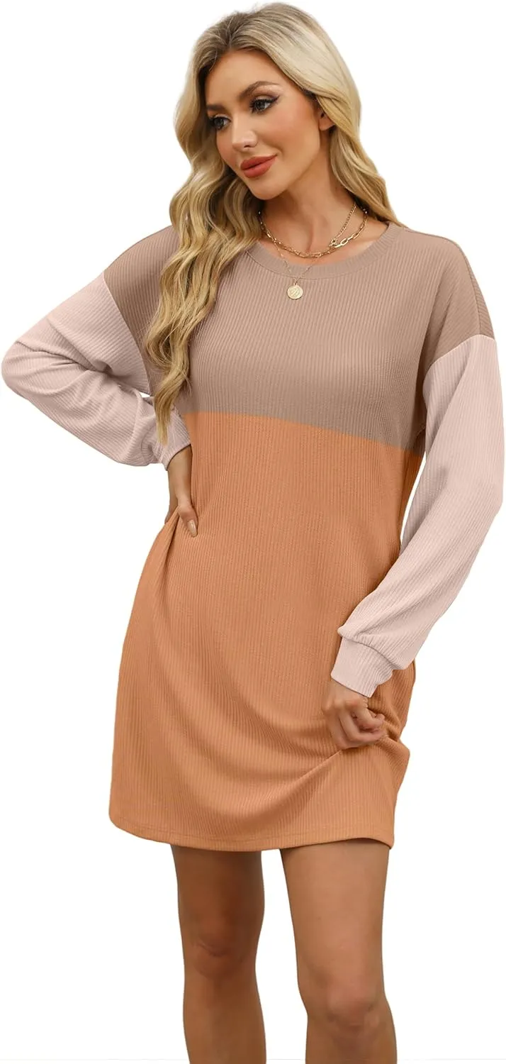 WIHOLL Womens Long Sleeve Dress Loose Fit Casual Crewneck Flowy Mini Dresses with Pockets Fall Fashion