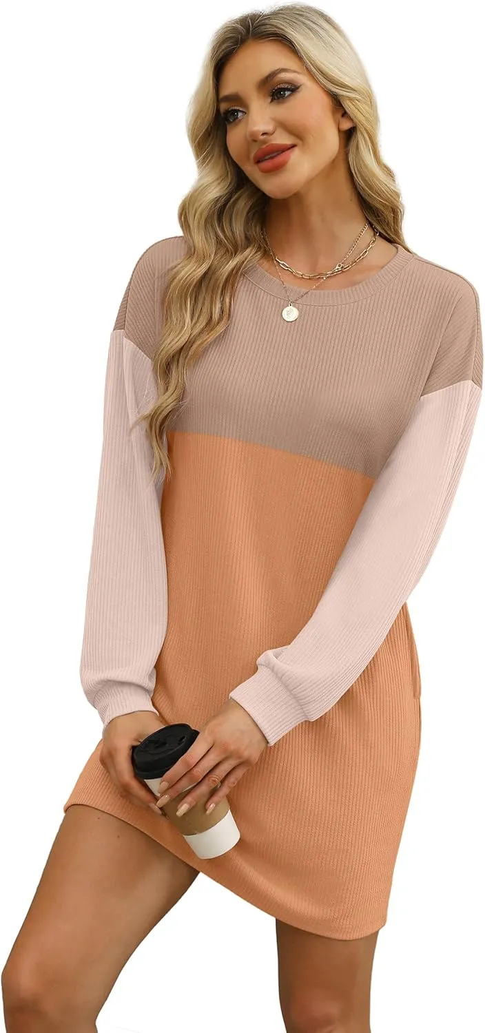 WIHOLL Womens Long Sleeve Dress Loose Fit Casual Crewneck Flowy Mini Dresses with Pockets Fall Fashion