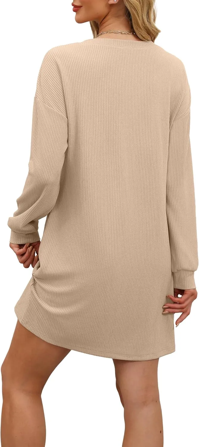 WIHOLL Womens Long Sleeve Dress Loose Fit Casual Crewneck Flowy Mini Dresses with Pockets Fall Fashion