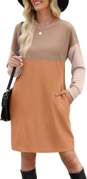 WIHOLL Womens Long Sleeve Dress Loose Fit Casual Crewneck Flowy Mini Dresses with Pockets Fall Fashion