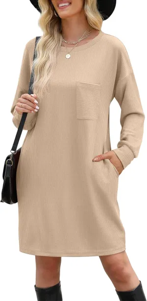 WIHOLL Womens Long Sleeve Dress Loose Fit Casual Crewneck Flowy Mini Dresses with Pockets Fall Fashion