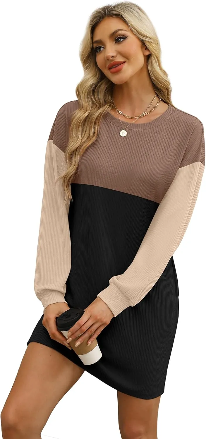 WIHOLL Womens Long Sleeve Dress Loose Fit Casual Crewneck Flowy Mini Dresses with Pockets Fall Fashion