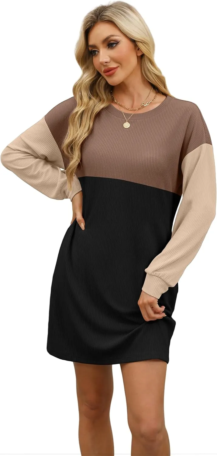 WIHOLL Womens Long Sleeve Dress Loose Fit Casual Crewneck Flowy Mini Dresses with Pockets Fall Fashion