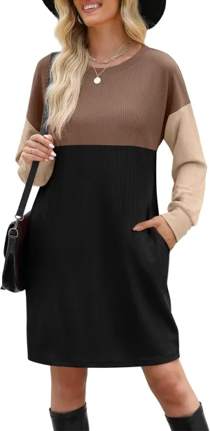 WIHOLL Womens Long Sleeve Dress Loose Fit Casual Crewneck Flowy Mini Dresses with Pockets Fall Fashion