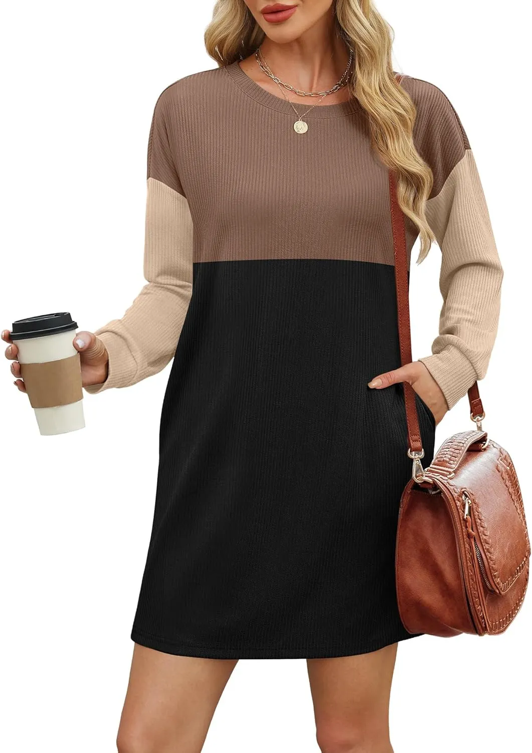 WIHOLL Womens Long Sleeve Dress Loose Fit Casual Crewneck Flowy Mini Dresses with Pockets Fall Fashion