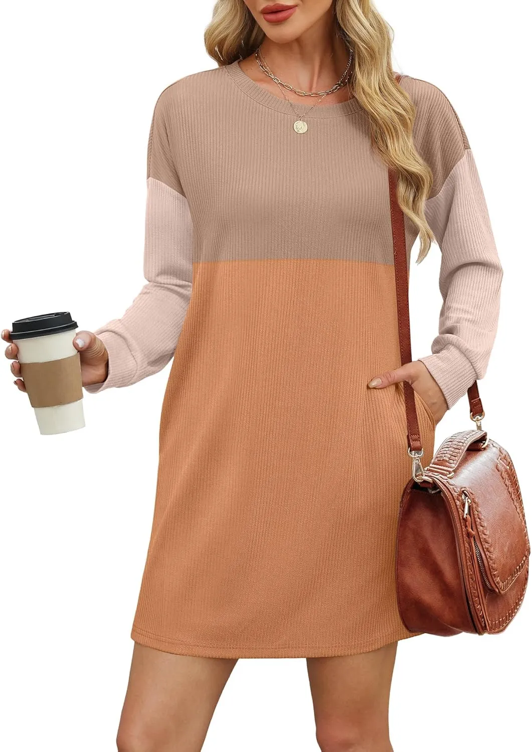 WIHOLL Womens Long Sleeve Dress Loose Fit Casual Crewneck Flowy Mini Dresses with Pockets Fall Fashion