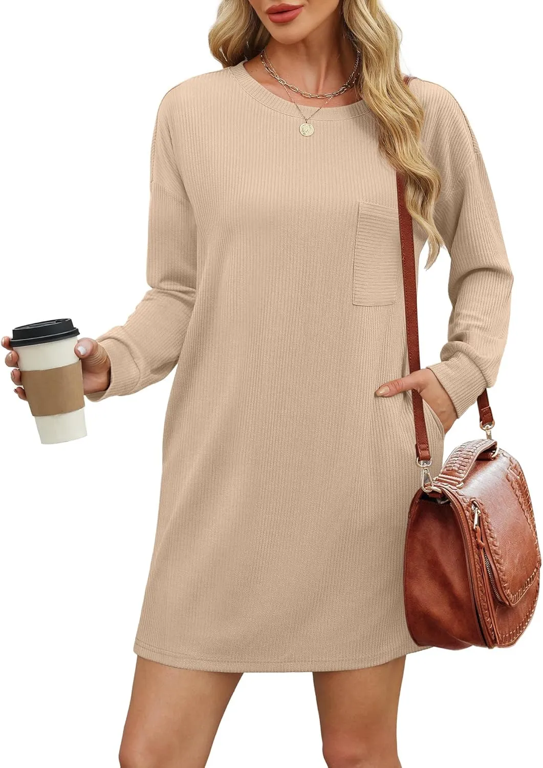 WIHOLL Womens Long Sleeve Dress Loose Fit Casual Crewneck Flowy Mini Dresses with Pockets Fall Fashion