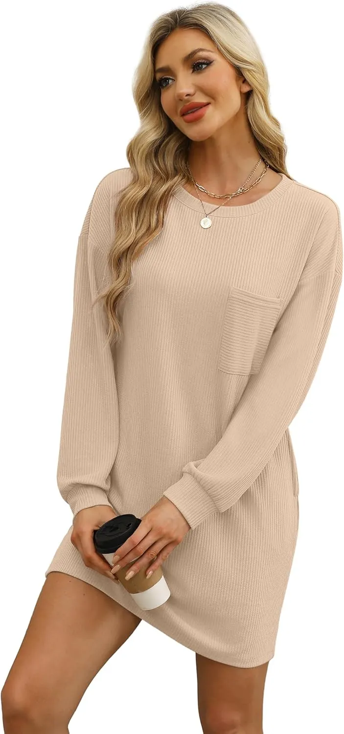 WIHOLL Womens Long Sleeve Dress Loose Fit Casual Crewneck Flowy Mini Dresses with Pockets Fall Fashion