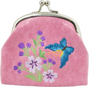 Wild Flower & Butterfly Embroidery Vegan Leather Kiss Lock Coin Purse