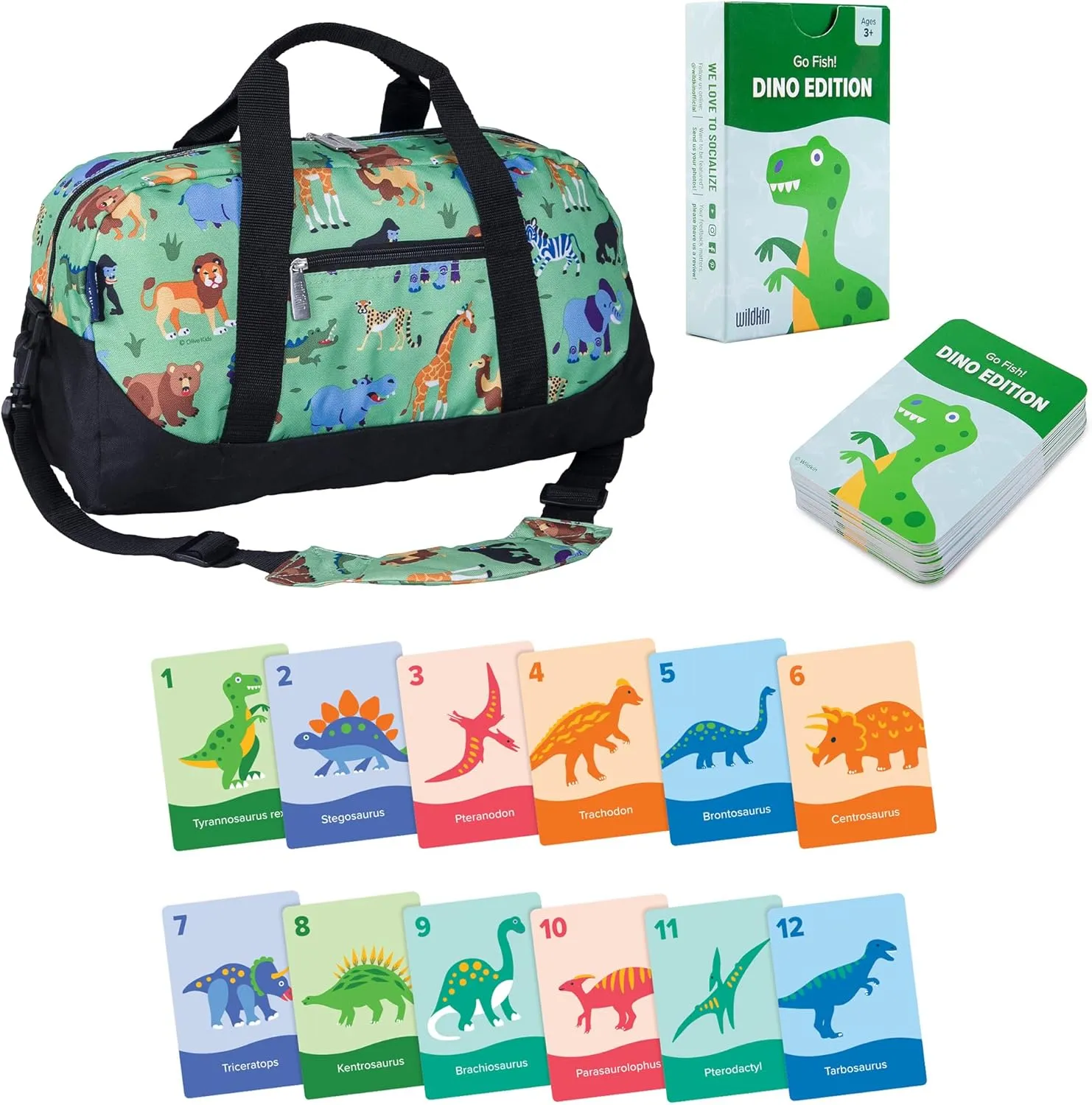 Wildkin Overnighter Duffel Bag and Go Fish! Card Game Bundle: Dive into Fun - Playful Adventures Packed and Ready to Go (Wild Animals)