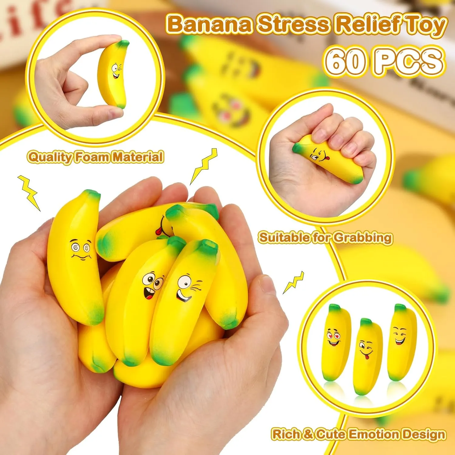 Woanger 36 Pcs Mini Banana Stress Toys Banana Stretchy Toys Ball with Emotions Banana Stress Relief Fidget Toy with Storage Bag for Anxiety Relief School Party Favor Carnival Supplies, 6 Expressions