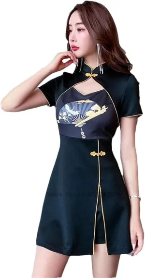 Women Chinese Dress Improved Cheongsam National Flower Print Qipao Dress Shorts Set Hotel Spa Work Qipao